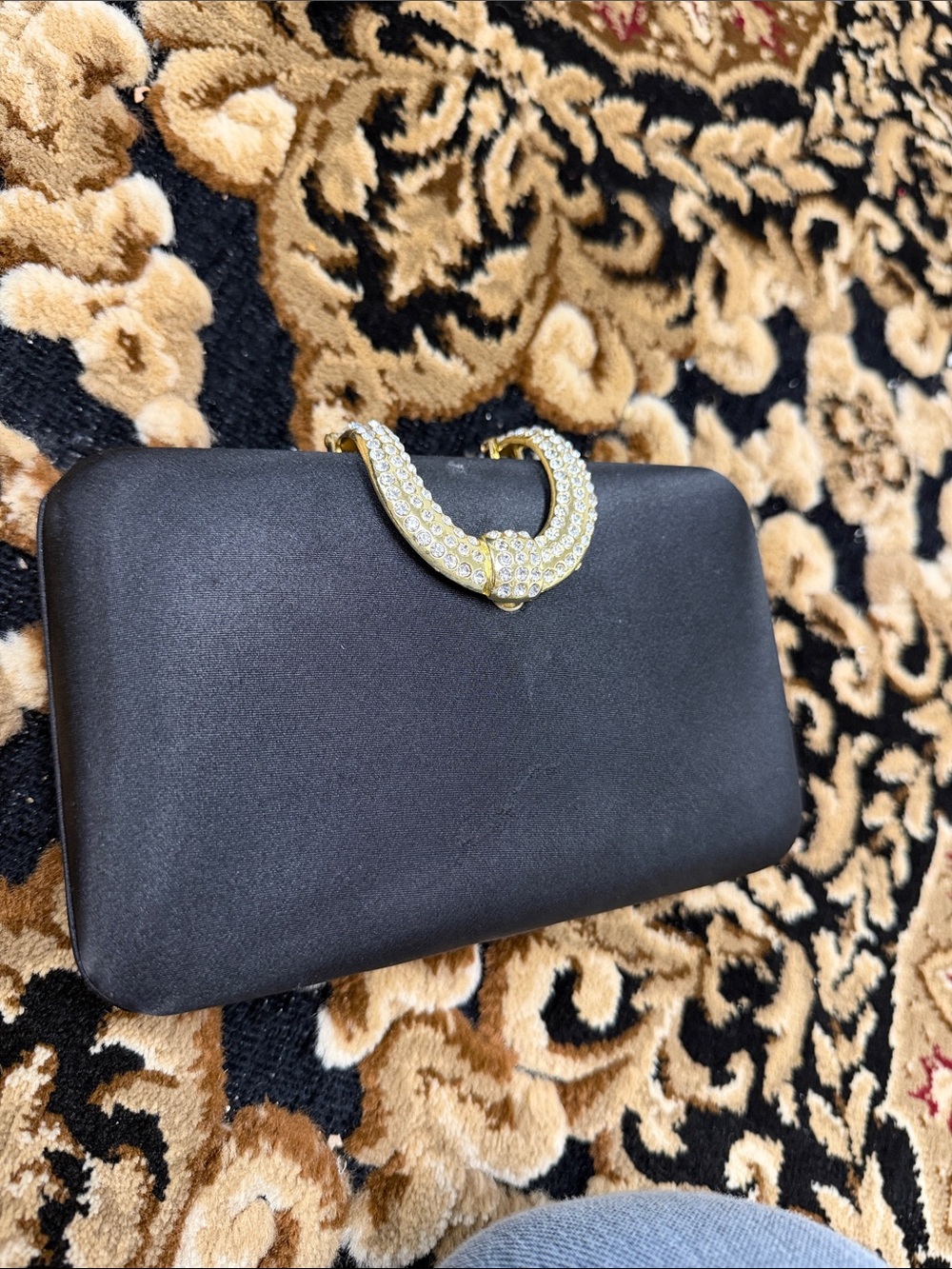 Black Satin Mini Clutch with Gold Crystal Accent
